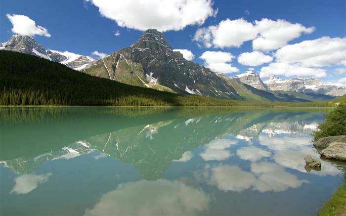 Aves aquáticas Lago, Parque Nacional de Banff, Alberta, Canadá, nuvens, montanhas, floresta Papéis de Parede, imagem