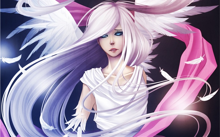 cabelos brancos anime menina, anjo, asas, penas Papéis de Parede, imagem