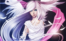 cabelos brancos anime menina, anjo, asas, penas