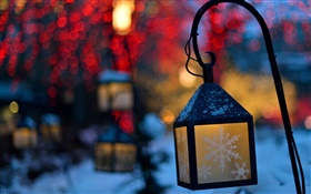 Inverno, lanternas, luzes, noite, flocos de neve