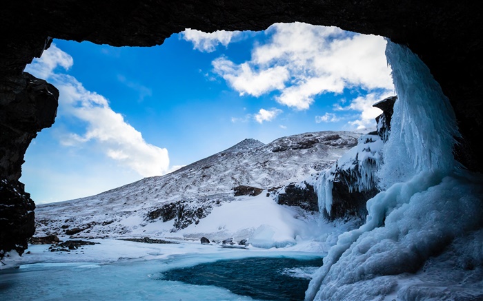 Inverno, neve, gelo, caverna, montanha, nuvens, céu azul Papéis de Parede, imagem