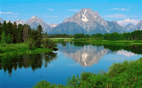 Wyoming, EUA, Parque Nacional de Grand Teton, montanhas, lago, árvores