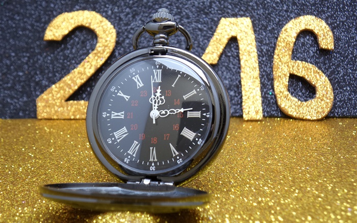 2016 Feliz Ano Novo, dourado brilho, relógio Papéis de Parede, imagem