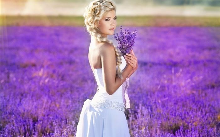 menina, noiva, campo de flores de lavanda loira Papéis de Parede, imagem