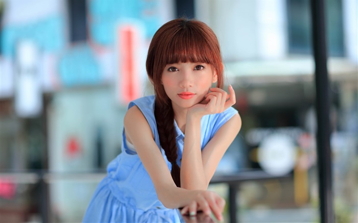 vestido azul jovem asiático, olhar Papéis de Parede, imagem
