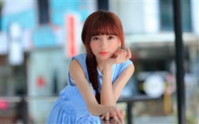 vestido azul jovem asiático, olhar HD Papéis de Parede