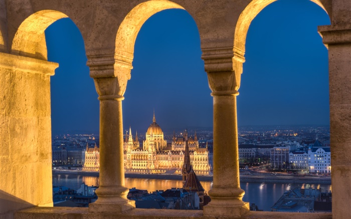 Budapeste, Hungria, Parlamento, rio, noite, luzes Papéis de Parede, imagem