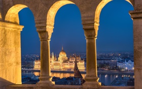 Budapeste, Hungria, Parlamento, rio, noite, luzes