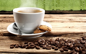 Os grãos de café, biscoitos, copo, vapor HD Papéis de Parede
