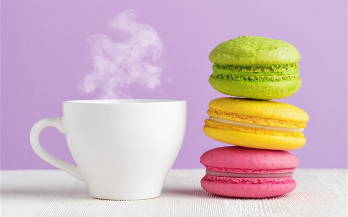 Colorido amêndoa, biscoitos, café, vapor Papéis de Parede, imagem