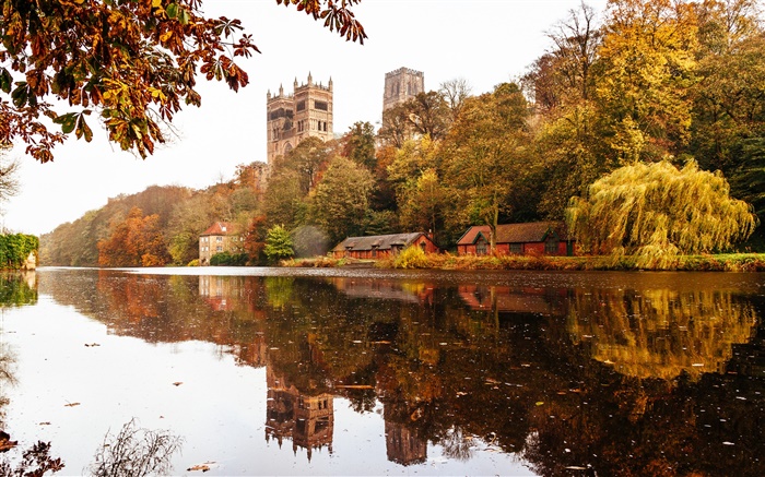 Inglaterra, Durham, casa, árvores, rio, reflexão da água Papéis de Parede, imagem