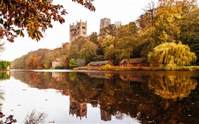 Inglaterra, Durham, casa, árvores, rio, reflexão da água