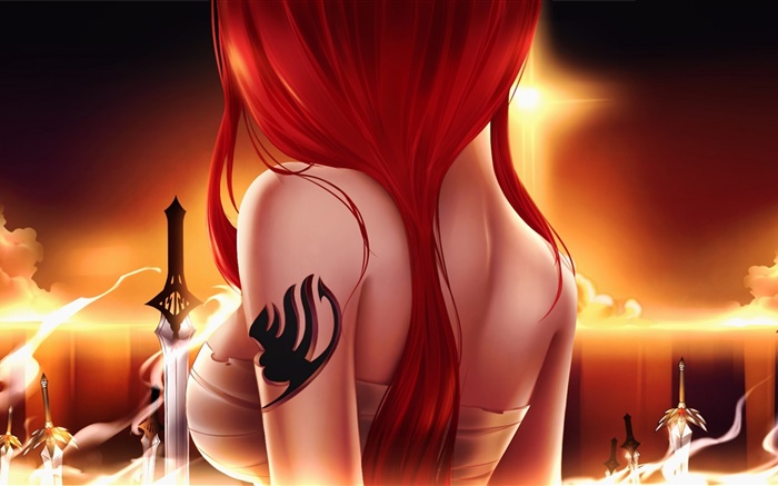 Fairy Tail, anime girl, cabelo vermelho, espada, vista traseira Papéis de Parede, imagem