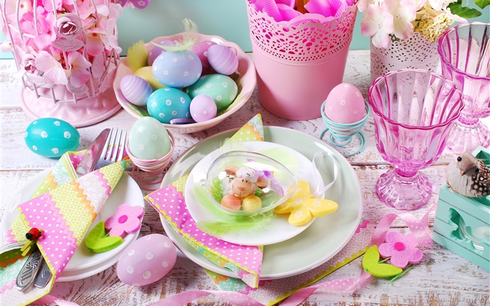 Happy Easter, decoração, ovos coloridos, copos, flores, primavera Papéis de Parede, imagem