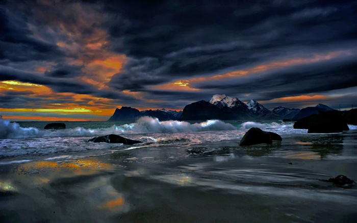 Lofoten Islands, Noruega, costa, mar, pedras, à noite, nuvens Papéis de Parede, imagem