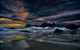 Lofoten Islands, Noruega, costa, mar, pedras, à noite, nuvens