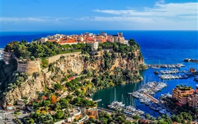 Mónaco, Monte Carlo, cidade, rochas, mar, costa, casas, barcos