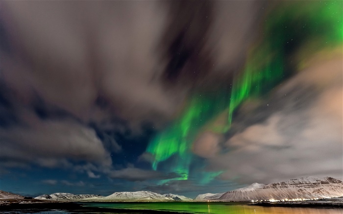 Noruega, luzes do norte, montanhas, céu, estrelas, crepúsculo Papéis de Parede, imagem