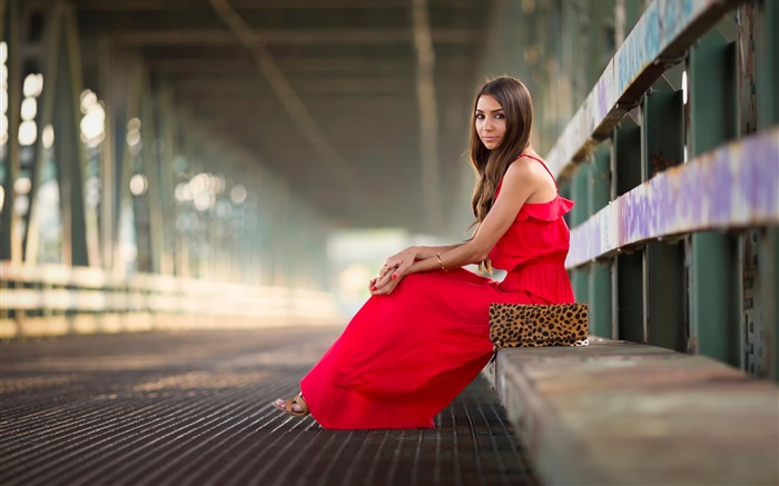 Menina vermelha do vestido, sentado, moda, ponte Papéis de Parede, imagem