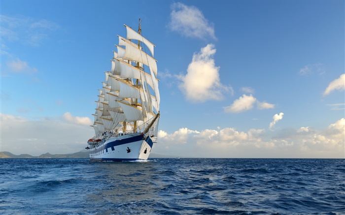 Veleiro, barco, mar azul, céu, nuvens Papéis de Parede, imagem