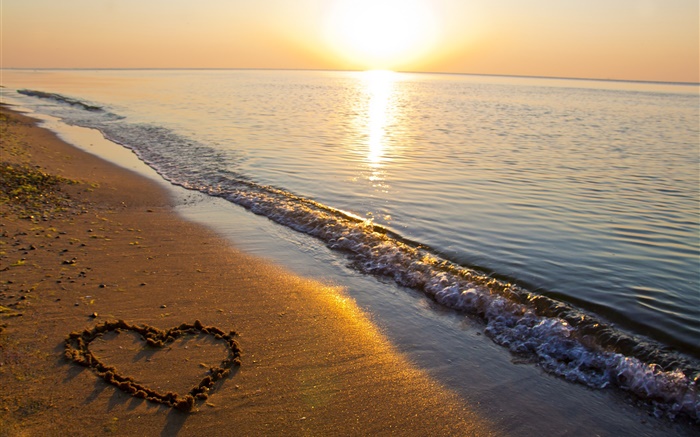 praia de areia, mar, sol, coração do amor em forma Papéis de Parede, imagem