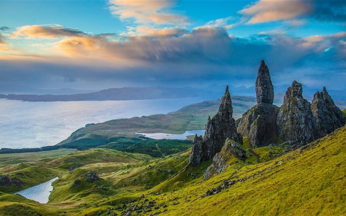 Skye, Escócia, rochas, vale, lago, nuvens, crepúsculo Papéis de Parede, imagem