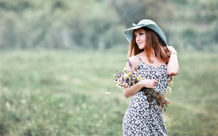 menina do verão, chapéu, flores Papéis de Parede, imagem