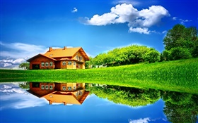 Verão, lago, casa, árvores, grama, reflexão da água