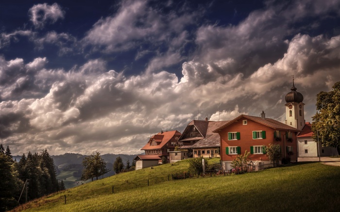 Suíça, Heiligkreuz, casa, inclinação, árvores, nuvens Papéis de Parede, imagem