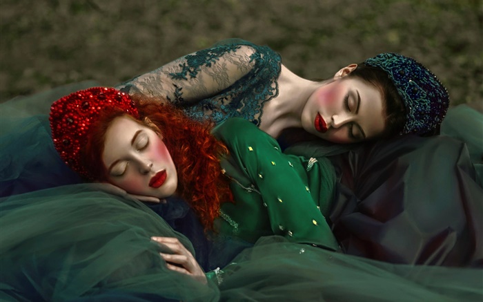 Duas meninas dormir, estilo retro Papéis de Parede, imagem