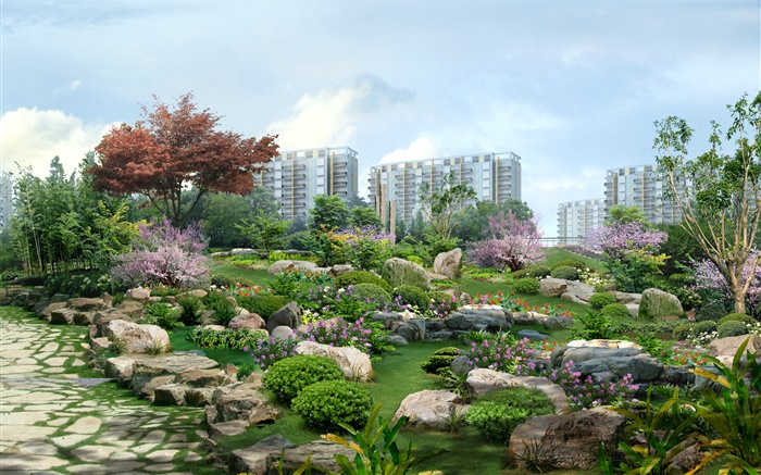 projeto 3D, parque da cidade, casa, pedras, flores, grama Papéis de Parede, imagem