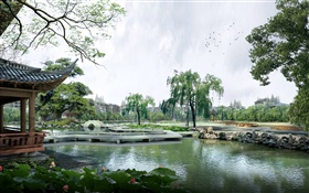 3D design, parque, lago, pavilhão, árvores, ponte