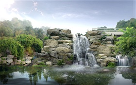 3D projeto, rochas, cachoeiras HD Papéis de Parede