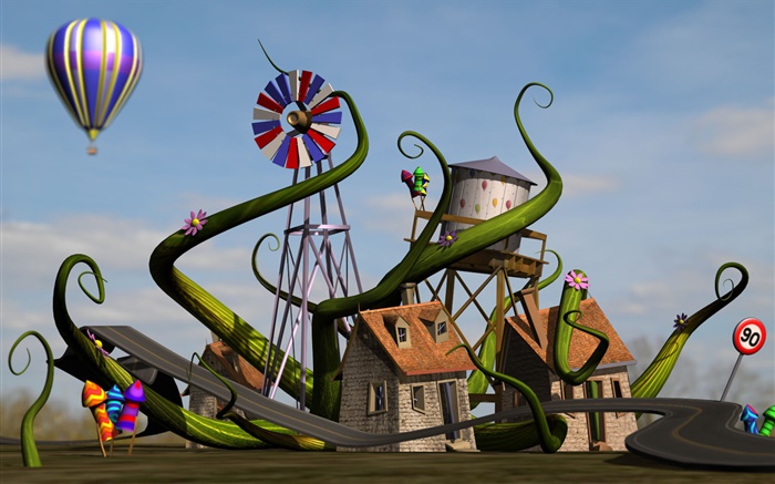 3D casa, moinho de vento, road, balão Papéis de Parede, imagem