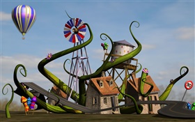 3D casa, moinho de vento, road, balão