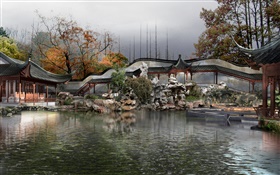 projeto do parque 3D, lago, pavilhão, árvores, outono