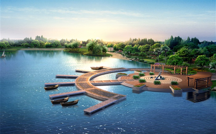 projeto do parque 3D, render, cais, barcos, árvores, lago Papéis de Parede, imagem