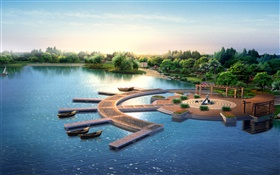 projeto do parque 3D, render, cais, barcos, árvores, lago