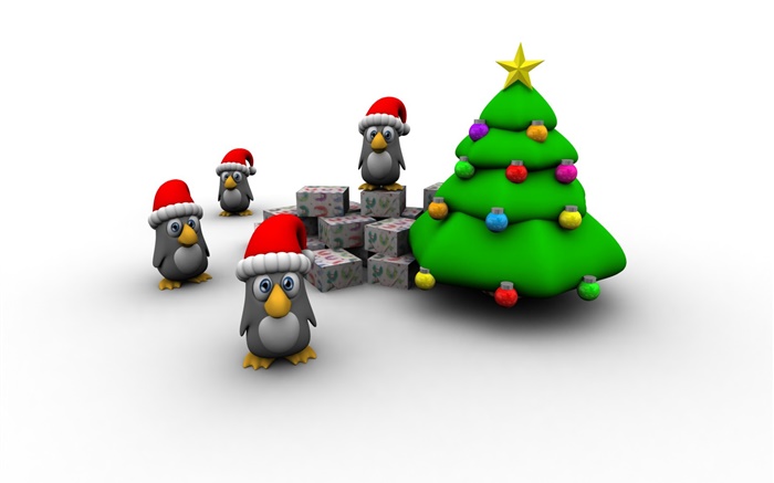imagens 3D, árvore de Natal, pinguim, caixa de presente Papéis de Parede, imagem
