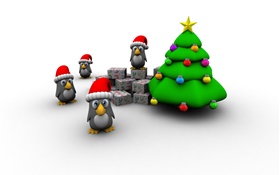 imagens 3D, árvore de Natal, pinguim, caixa de presente HD Papéis de Parede