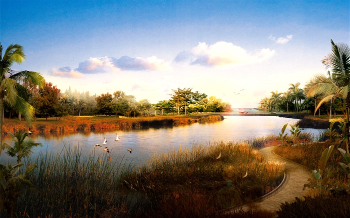 3D rendem paisagem, rio, grama, pássaros, palmeiras, por do sol Papéis de Parede, imagem