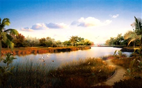 3D rendem paisagem, rio, grama, pássaros, palmeiras, por do sol HD Papéis de Parede