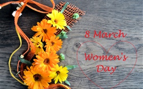 8 de Março, Dia da Mulher, flores gérbera, corações do amor