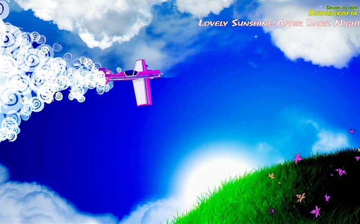 Aviões, nuvens, grama, flores, sol, design criativo Papéis de Parede, imagem