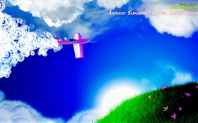 Aviões, nuvens, grama, flores, sol, design criativo HD Papéis de Parede