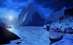 Pintura da arte, neve, noite, lua, casa, montanhas, barco, rio