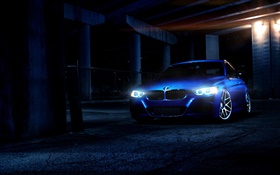 BMW carro azul à noite, luzes