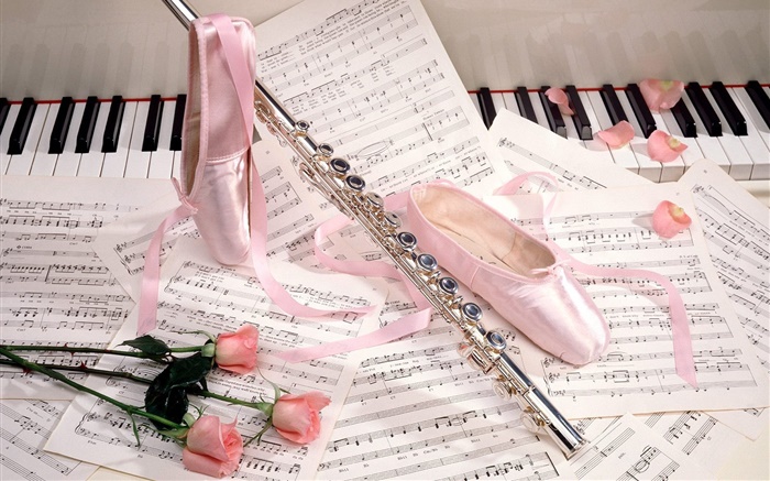 sapatos de ballet, flauta, rosas cor de rosa, partituras musicais Papéis de Parede, imagem