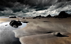 Praia, pedras, costa, mar, céu nebuloso HD Papéis de Parede