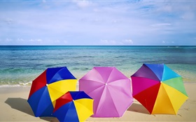 Praia, guarda-chuvas, colorido, verão HD Papéis de Parede